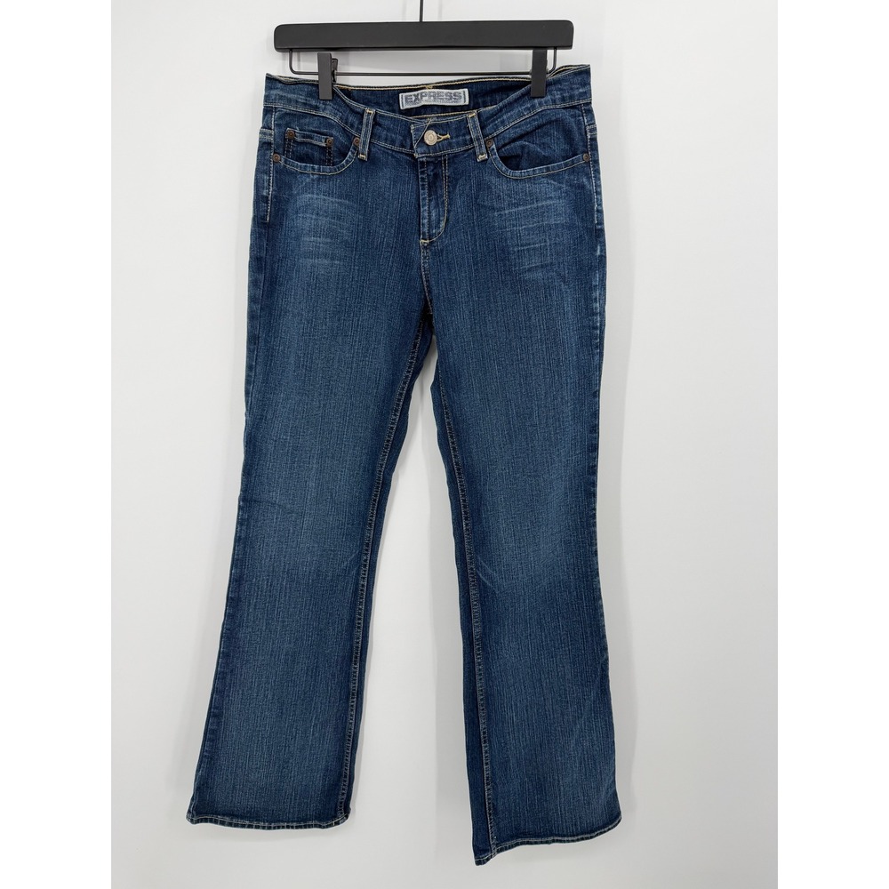 Express Womens Low Rise Flare Leg Jeans Dark Wash Whiskered Blue‎ Denim Size 6R